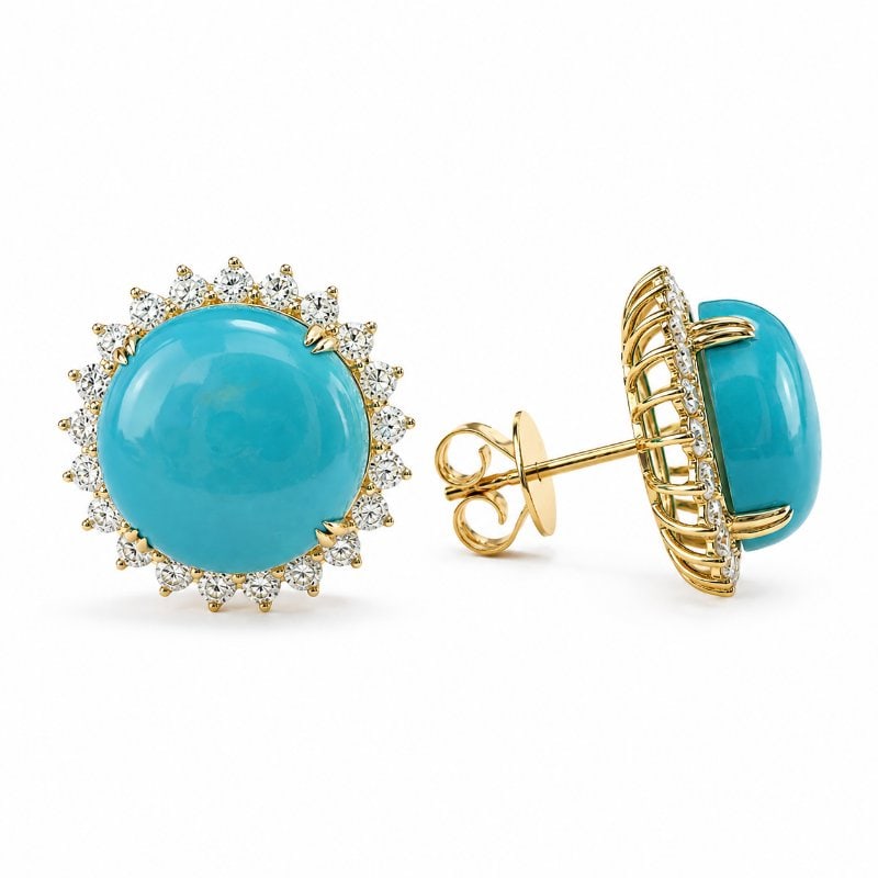 14KT GOLD TURQUOISE DIAMOND EARRINGS: 14KT GOLD WT. APPROX. 4.10 GRAMDIAMOND WT. APPROX. 1.07 CARATTURQUOISE WT. APPROX. 12.90 CARAT / 2 PCSSIZE:APPROX: 17.5 MM