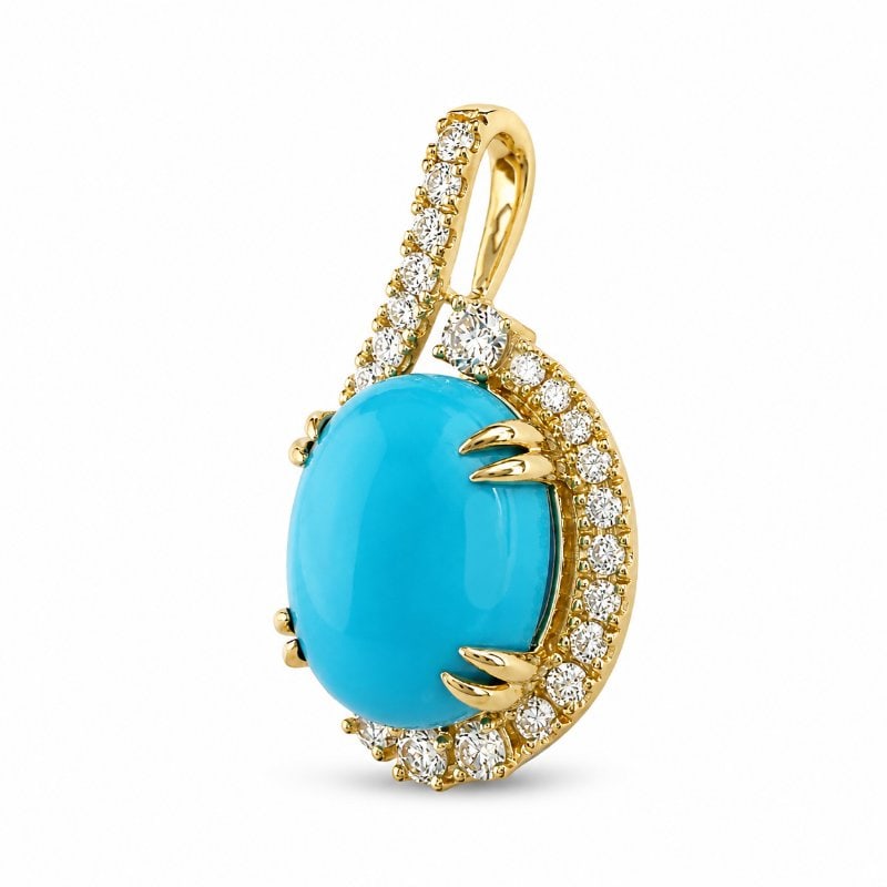 14KT GOLD TURQUOISE DIAMOND PENDANT: 14KT GOLD WT. APPROX. 1.50 GRAMDIAMOND WT. APPROX. 0.38 CARATTURQUOISE WT. APPROX. 3.19 CARAT / 1 PCSSIZE:APPROX: 23 X 13 MM (WITH LOOP)