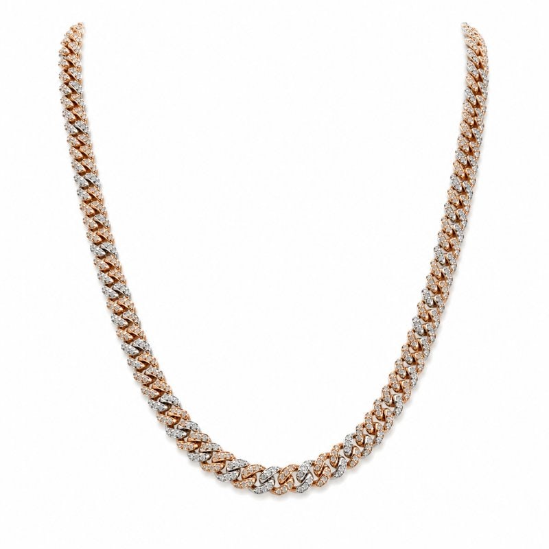 14KT GOLD TWO TONE DIAMOND CUBAN NECKLACE (5 MM): 14KT WHITE AND ROSE GOLD DIAMOND CUBAN NECKLACE 16" (5 MM)14KT GOLD WT. APPROX. 23.6 GRAMDIAMOND WT. APPROX. 3.25 CARAT / 754 PCSWIDTH: 5 MM