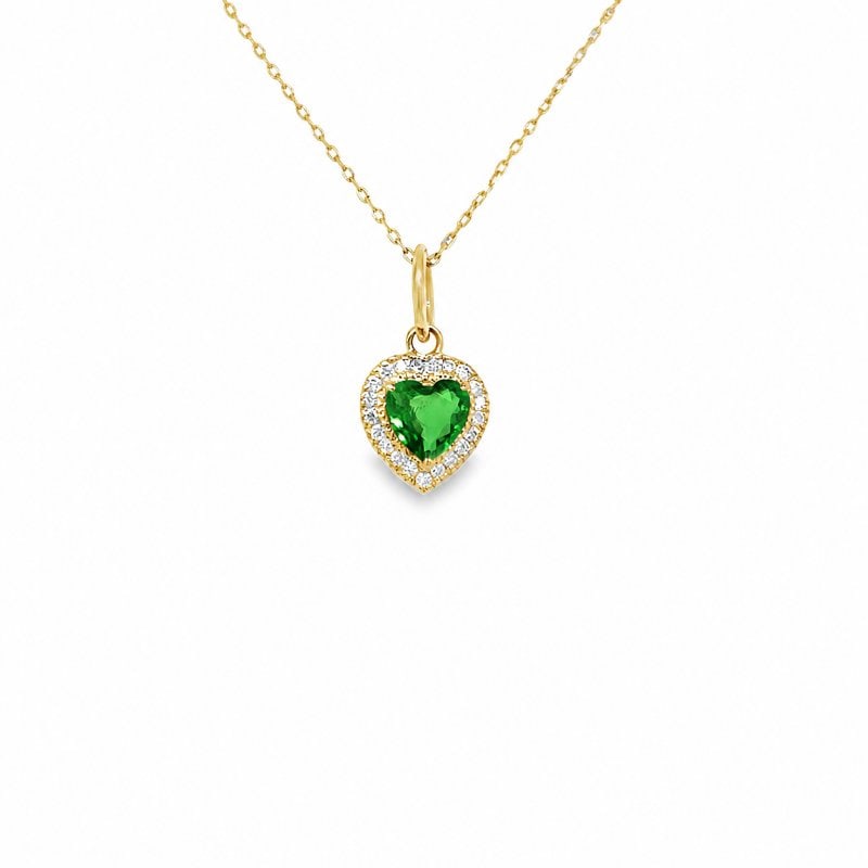14KT YELLOW GOLD HEART PENDANT WITH GREEN SAPPHIRE AND DIAMONDS: 14KT GOLD WT. APPROX. 0.57 GRAMDIAMOND WT. APPROX. 0.08 CARAT/ 21 PCSGREEN SAPPHIRE WT. APPROX. 0.55 CARAT/ 1 PCSSIZE APPROX. - 8 X 10 MM (WITHOUT LOOP)