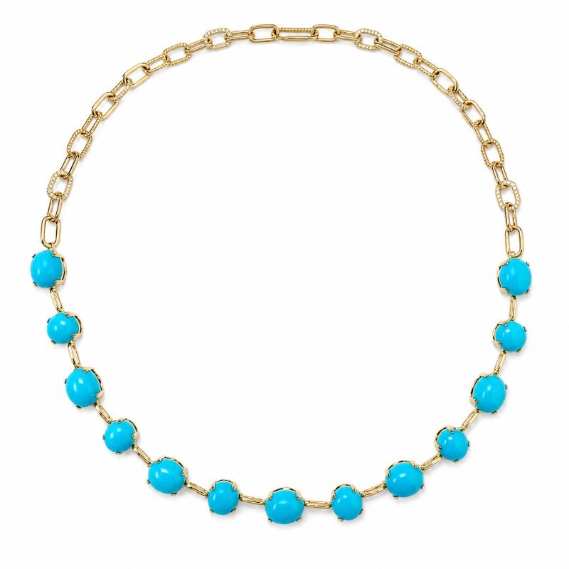 14KT GOLD TURQUOISE DIAMOND NECKLACE: 14KT GOLD WT. APPROX. 16.00 GRAMDIAMOND WT. APPROX. 1.20 CARATTURQUOISE WT. APPROX. 28.18 CARAT/ 13 PCSLENGTH: 16 INCHES