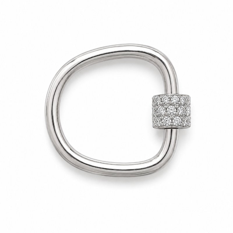 14KT GOLD DIAMONDS CARABINER LOCK PENDANT: 14KT WHITE GOLD EMERALD AND DIAMONDS CARABINER LOCK PENDANT14KT GOLD WT. APPROX. 1.86 GRAMEMERALD WT. APPROX. 0.59 CTSDIAMONDS WT. APPROX. 0.16 CTSSIZE APPROX. - 19 X 12 MM