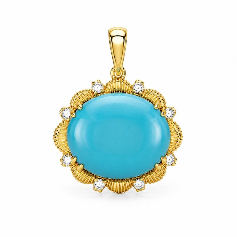 14KT GOLD TURQUOISE DIAMOND PENDANT: 14KT GOLD WT. APPROX. 1.60 GRAMDIAMOND WT. APPROX. 0.12 CARATTURQUOISE WT. APPROX. 4.22 CARAT / 1 PCSSIZE:APPROX: 16 X 14.5 MM (WITHOUT LOOP)