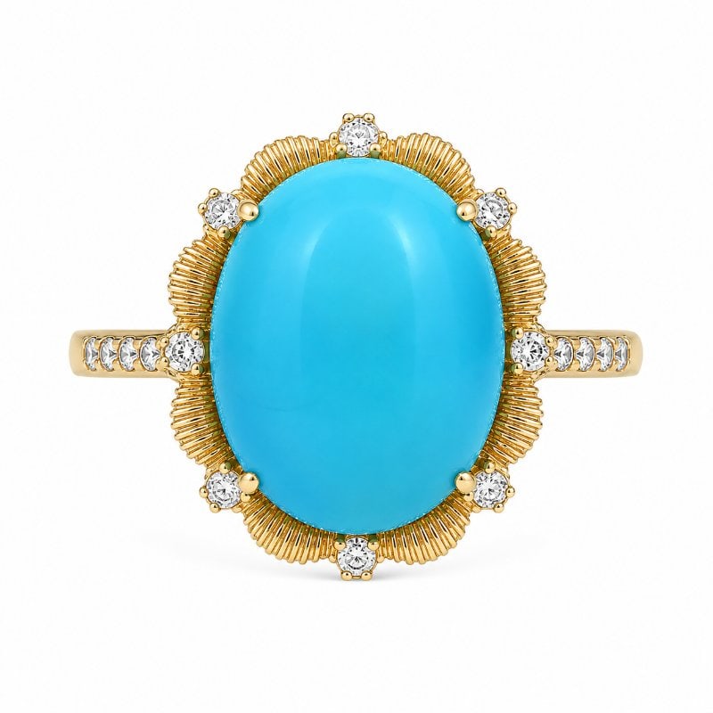 14KT GOLD OVAL TURQUOISE AND DIAMOND HALO RING (1 of 3)