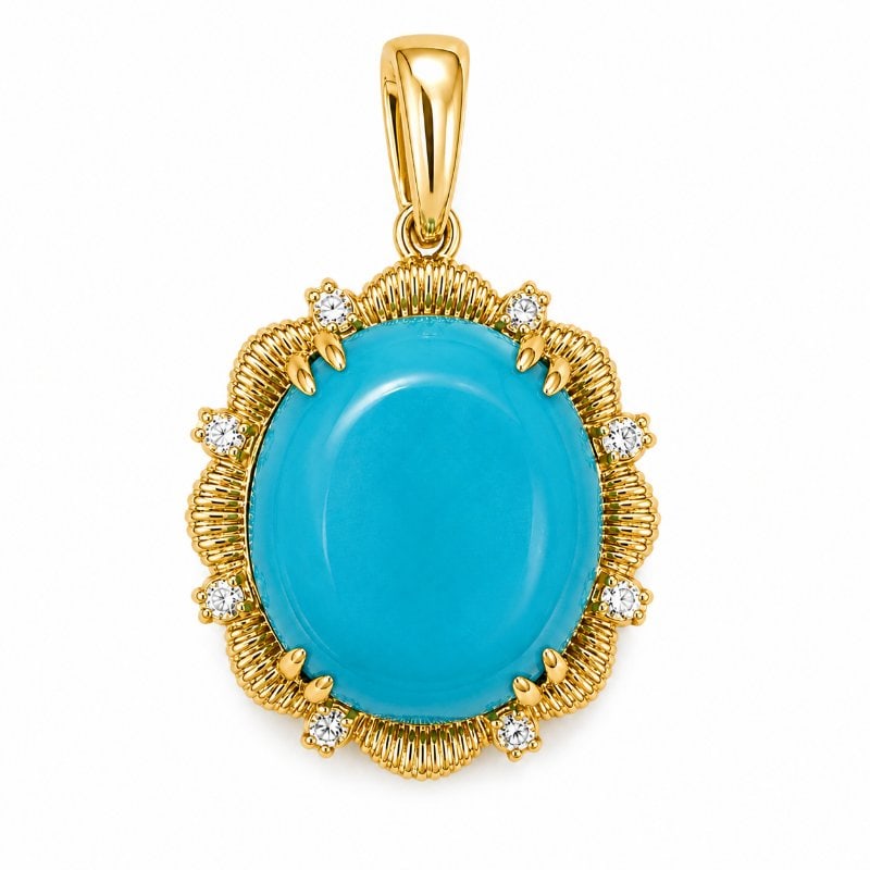 14KT GOLD TURQUOISE DIAMOND PENDANT: 14KT GOLD WT. APPROX. 1.70 GRAMDIAMOND WT. APPROX. 0.13 CARATTURQUOISE WT. APPROX. 4.37 CARAT / 1 PCSSIZE:APPROX: 14.25 X 15.5 MM (WITHOUT LOOP)