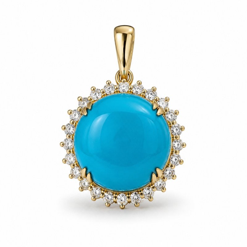14KT GOLD TURQUOISE DIAMOND PENDANT: 14KT GOLD WT. APPROX. 1.20 GRAMDIAMOND WT. APPROX. 0.20 CARATTURQUOISE WT. APPROX. 3.36 CARAT / 1 PCSSIZE:APPROX: 13.5 MM (WITHOUT LOOP)
