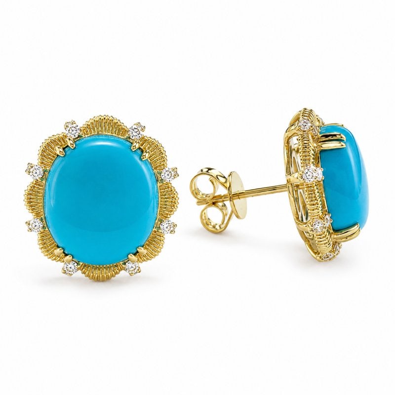 14KT GOLD TURQUOISE DIAMOND EARRINGS: 14KT GOLD WT. APPROX. 4.20 GRAMDIAMOND WT. APPROX. 0.25 CARATTURQUOISE WT. APPROX. 8.04 CARAT / 2 PCSSIZE:APPROX: 14.25 X 16 MM