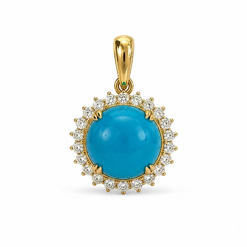 14KT GOLD TURQUOISE DIAMOND PENDANT: 14KT GOLD WT. APPROX. 0.75 GRAMDIAMOND WT. APPROX. 0.15 CARATTURQUOISE WT. APPROX. 1.87 CARAT / 1 PCSSIZE:APPROX: 11.25 MM (WITHOUT LOOP)