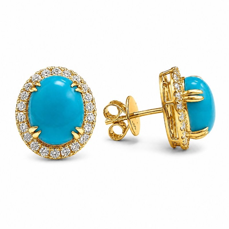 14KT GOLD TURQUOISE DIAMOND EARRINGS: 14KT GOLD WT. APPROX. 3.25 GRAMDIAMOND WT. APPROX. 0.56 CARATTURQUOISE WT. APPROX. 4.96 CARAT / 2 PCSSIZE:APPROX: 12 X 14 MM