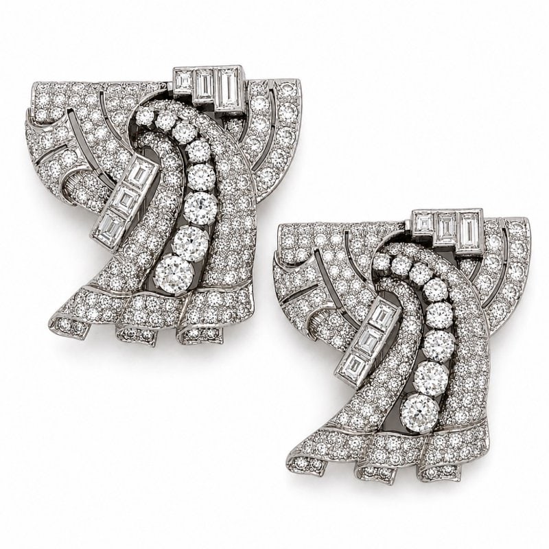 Art Deco Platinum Diamond Brooch/Clips: Art Deco Platinum Diamond Brooch/Clips Weighing 38.9 gramsSet with 252 Diamonds weighing app. 8.80 Ct. E-G Color, VS1-SI2 ClarityAlong with 12 Baguette Diamonds weighing app. 1.80 Ct. D-F Color, VVS-V