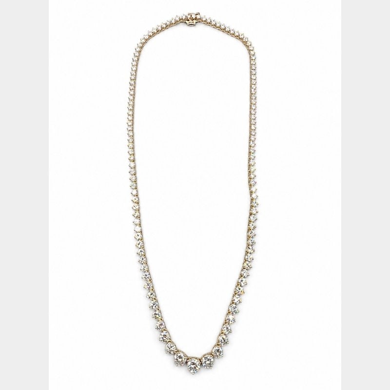 14K Yellow Gold 13.50 Ct. Graduated Diamond Necklace: 14K Yellow Gold 13.50 Ct. Graduated Diamond Necklace Weighing 22.8 gramsSet with 119 Diamonds weighing app. 13.50 Ct. F-G Color, VS1-SI2 Clarity17 inches in length