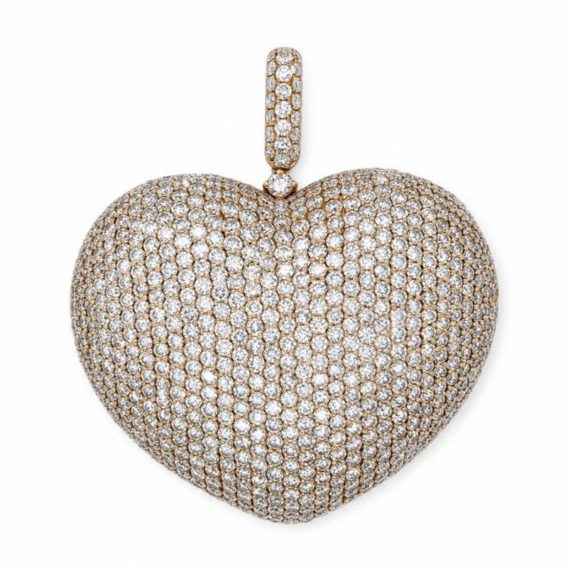18K Yellow Gold Diamond Heart Pendant: 18K Yellow Gold Diamond Heart Pendant Weighing 19.3 gramsSet with app. 9.50 Ct. of Diamonds H-I Color, SI1-I1 Clarity2 x 1.75 inches