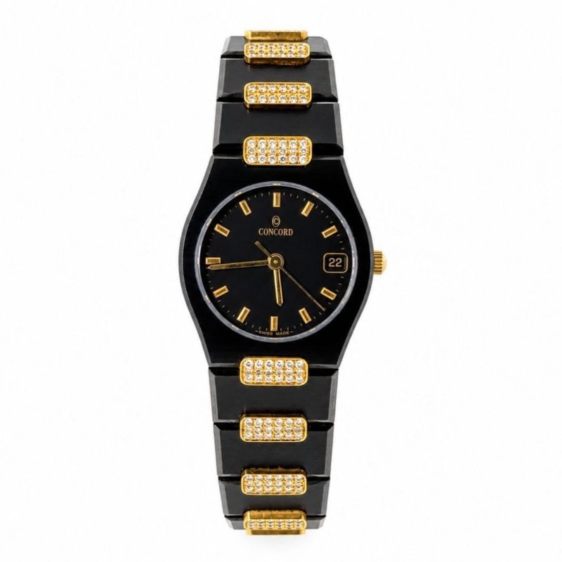 CONCORD Freedom Collection Black Ceramic & 18K Yellow Gold Factory Diamond Set Watch: CONCORD Freedom Collection Black Ceramic & 18K Yellow Gold Factory Diamond Set Watch Weighing 50.5 gramsSet with 324 Diamonds weighing app. 2.00 Ct. F-G color, VVS-VS clarity23mm Case SizeQuartz Movem