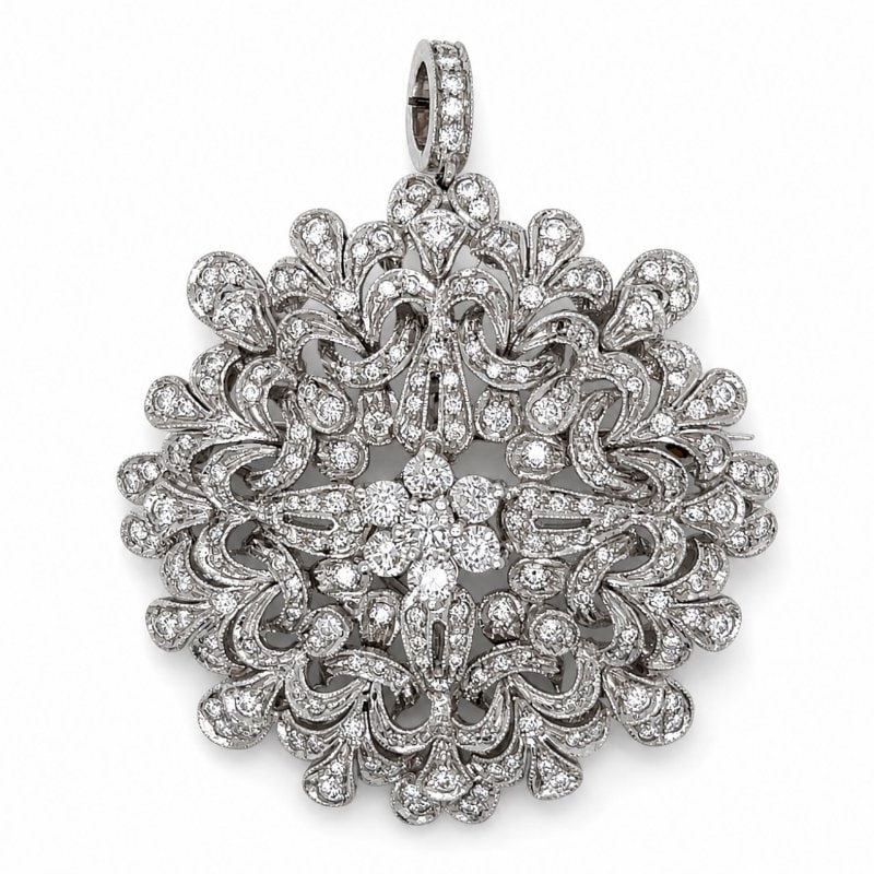 18K White Gold 4.00 Ct. Diamond Pendant/Brooch: 18K White Gold 4.00 Ct. Diamond Pendant/Brooch Weighing 23.2 gramsSet with app. 4.00 Ct. of Diamonds F-H Color, VVS-VS Clarity2.25 inches in length
