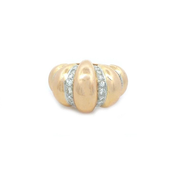 Diamond Gold Shrimp Ring 18k Two Tone Chunky High Dome Top Style 28g: This is a beautiful 18k yellow and white gold ring features a distinctive "shrimp or croissant style" It features a chunky high-polished finish with ribbed vertical alternating sections with natural d