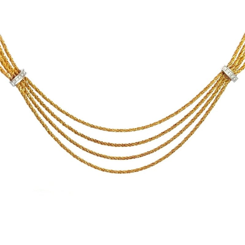 Tiffany & Co. Draperie Gold Necklace Diamond Multi-Strand 18k Yellow Swag: This is a vintage Tiffany & Co. Draperie Collection multi-strand swag necklace. Composed of four woven 18k yellow gold rope-link strands that cascade gracefully in tiered drops with a "swag" formation