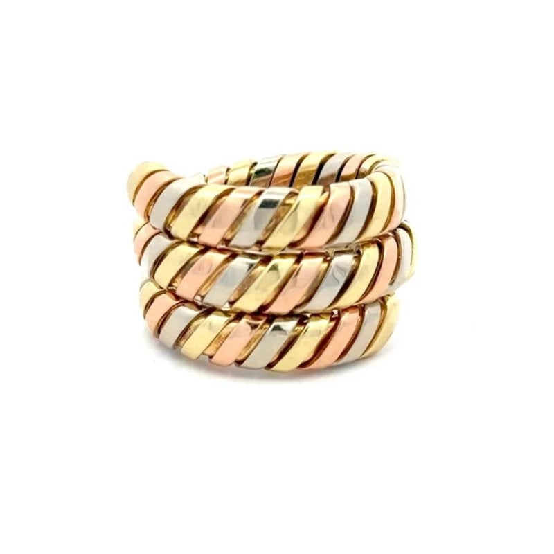 Bvlgari Serpenti Gold Wrap Ring 18k Tri-Color Tubogas Style: This Bvlgari Serpenti Collection is crafted from 18k yellow, white and rose gold with a polished finish. It features a stylish triple wrap design with a band width of 15mm on the front part and a doub