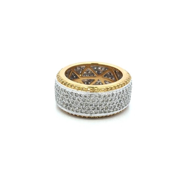 Diamond 3ct Gold Wide Ring 18k Two Tone Pave Set Wide Band Size 10: This stunning wide band ring is crafted from 18k yellow and white gold with an "iced-out" pave set diamonds, yellow around the edges with yellow diamonds and white gold around the wide part with