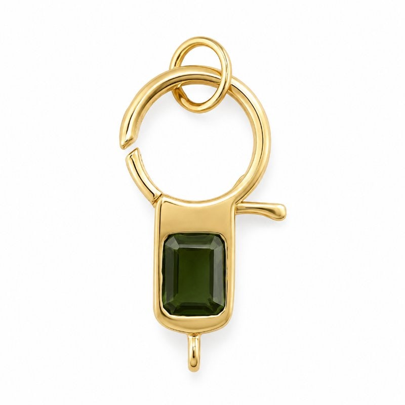 14KT YELLOW GOLD GREEN SAPPHIRE CARABINER LOCK CONNECTOR: 14KT YELLOW GOLD GREEN SAPPHIRE CARABINER LOCK PENDANT14KT GOLD WT. APPROX. 4.15 GRAMGREEN SAPPHIRE WT. APPROX. 1.75 CTSSIZE APPROX. - 18 X 31 MM