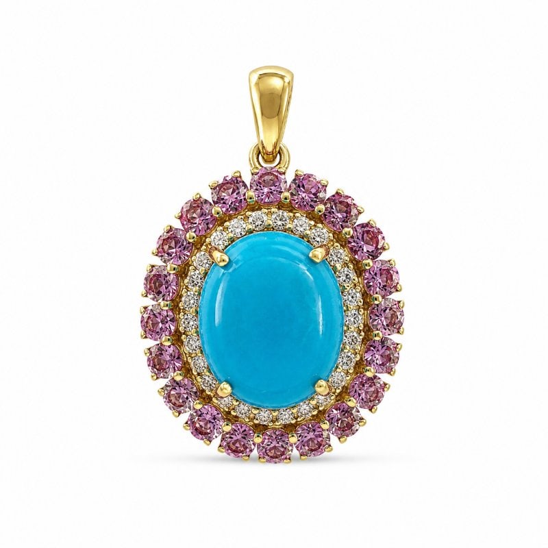 14KT GOLD TURQUOISE OVAL PENDENT WITH DIAMONDS AND PINK SAPPHIRE: 14KT. GOLD WT. APPROX. 3.02 GRAMDIAMOND WT. APPROX. 0.24 CT / 25 PCS.PINK SAPP. WT. APPROX. 1.60 CTS. / 20 PCS.TURQUOISE WT. APPROX. 3.50 CT STONE SIZE: APPOX. 9 X 11 MMPENDANT SIZE: 18 MM X 22.50 MM 