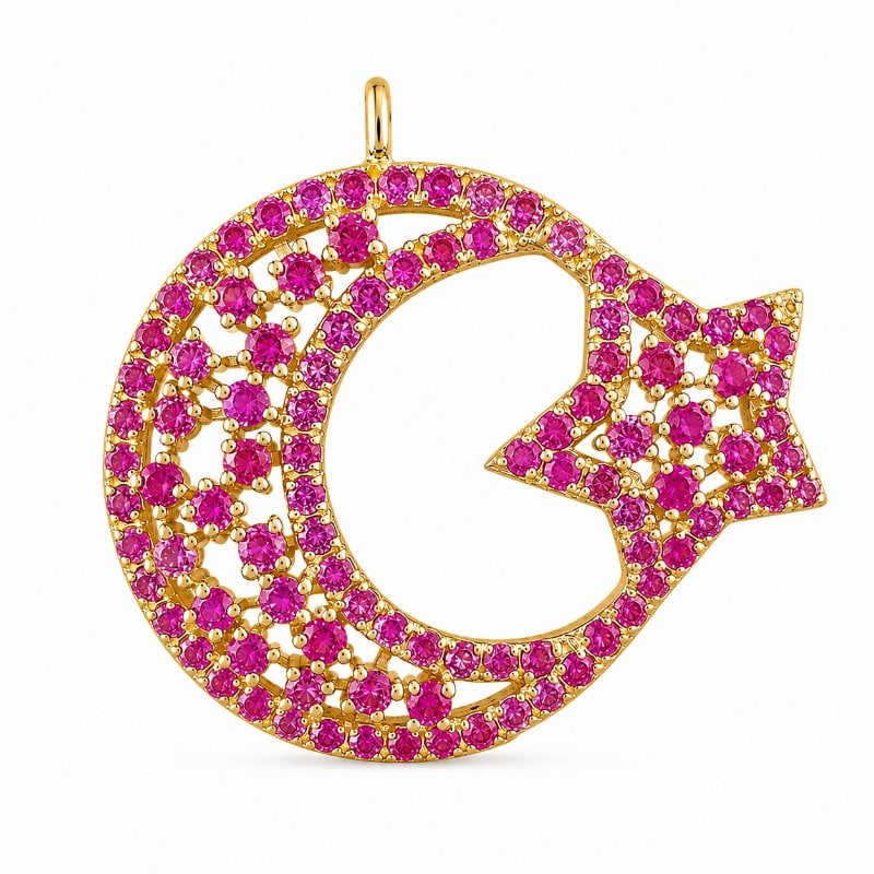 14KT GOLD HALF MOON AND STAR RUBY PENDANT: 14KT GOLD HALF MOON AND STAR RUBY SAPPHIRE PENDANT14KT GOLD WT. APPROX. 1.78 GMRUBY SAPPHIRE WT. APPROX. 0.70 CARAT / 100 PCSSIZE APPOX. - 20 MM X 22 MM