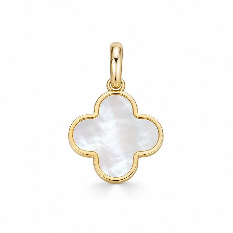 14KT YELLOW GOLD MOTHER OF PEARL CLOVER PENDANT: 14KT YELLOW GOLD MOTHER OF PEARL CLOVER PENDANT 7"14KT GOLD WT. APPROX. 0.38 GRAMSIZE APPROX. 10.50 X 12.50 MM