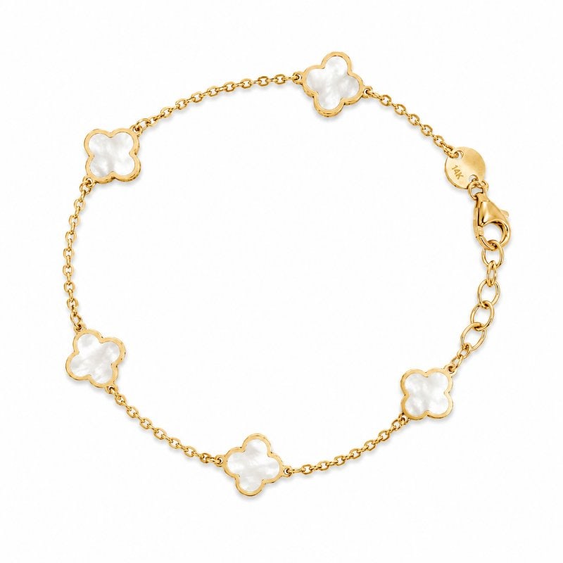 14KT YELLOW GOLD MOTHER OF PEARL CLOVER BRACELET 7": 14KT GOLD WT. APPROX. 1.52 GRAM7 INCH LONG