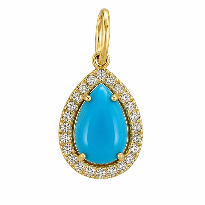 14KT GOLD TURQUOISE PEAR PENDENT WITH DIAMONDS: 14KT. GOLD WT. APPROX. 0.96 GRAMDIAMOND WT. APPROX. 0.18 CT / 24 PCS.TURQUOISE WT. APPROX. 1.50 CT STONE SIZE: APPOX. 6 X 9 MMPENDANT SIZE APPROX.: 11 X 16 MM