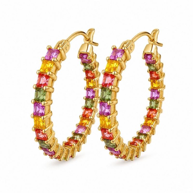 14KT YELLOW GOLD MULTI SAPPHIRE HOOP EARRING (30 MM): 14KT YELLOW GOLD MULTI SAPPHIRE HOOP EARRING14KT GOLD WT. APPROX. 8.13 GRAMM. SAPPHIRE WT. APPROX. 5.70 CARAT / 50 PCS.SIZE APPROX. -30.5 X 32.5 MM