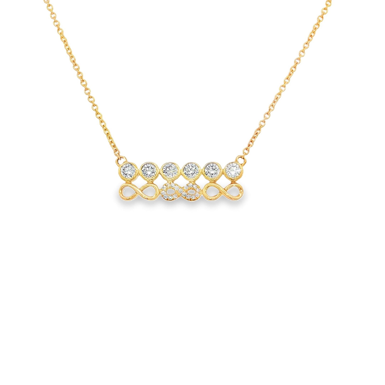 14KT DIAMOND INFINITY BAR PENDANT NECKLACE: 14KT DIAMOND INFINITY BAR PENDANT NECKLACE18" LONG CHAIN WITH ADJUSTABLE RING ON 16" & 17" EXTENDER14KT. GOLD WT. APPROX. 3.48 GRAMDIAMOND WT. APPROX. 0.48 CT/ 23 PCSTHIS PENDANT IS ONLY AVAILABLE WIT