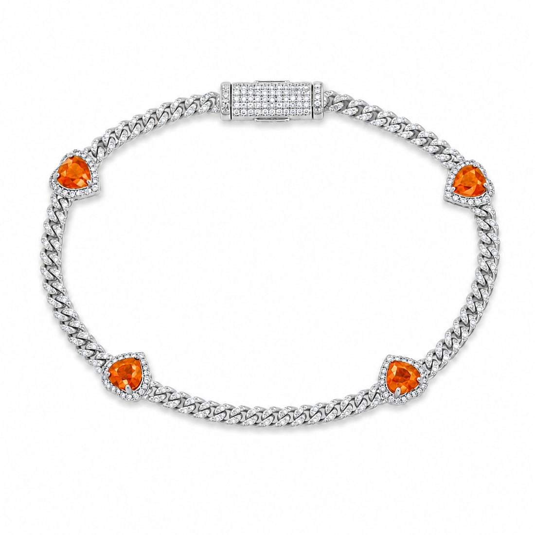 14KT GOLD ORANGE SAPPHIRE AND DIAMONDS HEART CUBAN BRACELET (1 of 2)