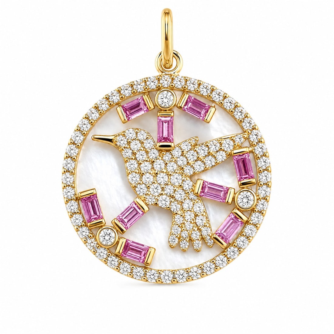 14KT YELLOW GOLD MOTHER OF PEARL PINK SAPPHIRE BIRD PENDANT WITH DIAMONDS (1 of 2)
