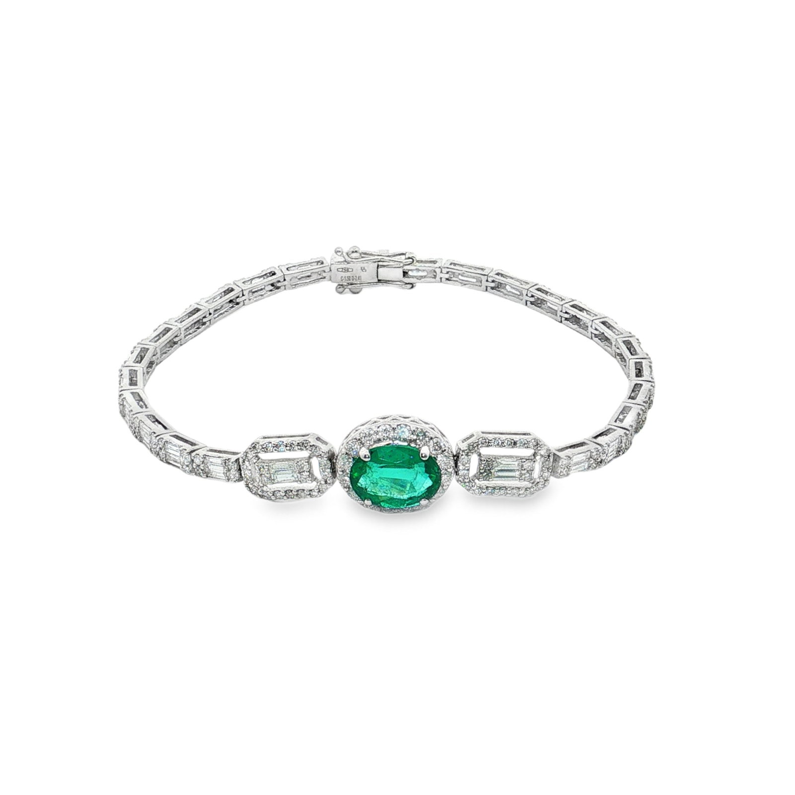 18KT GOLD EMERALD & DIAMOND HALO TENNIS BRACELET (1 of 3)