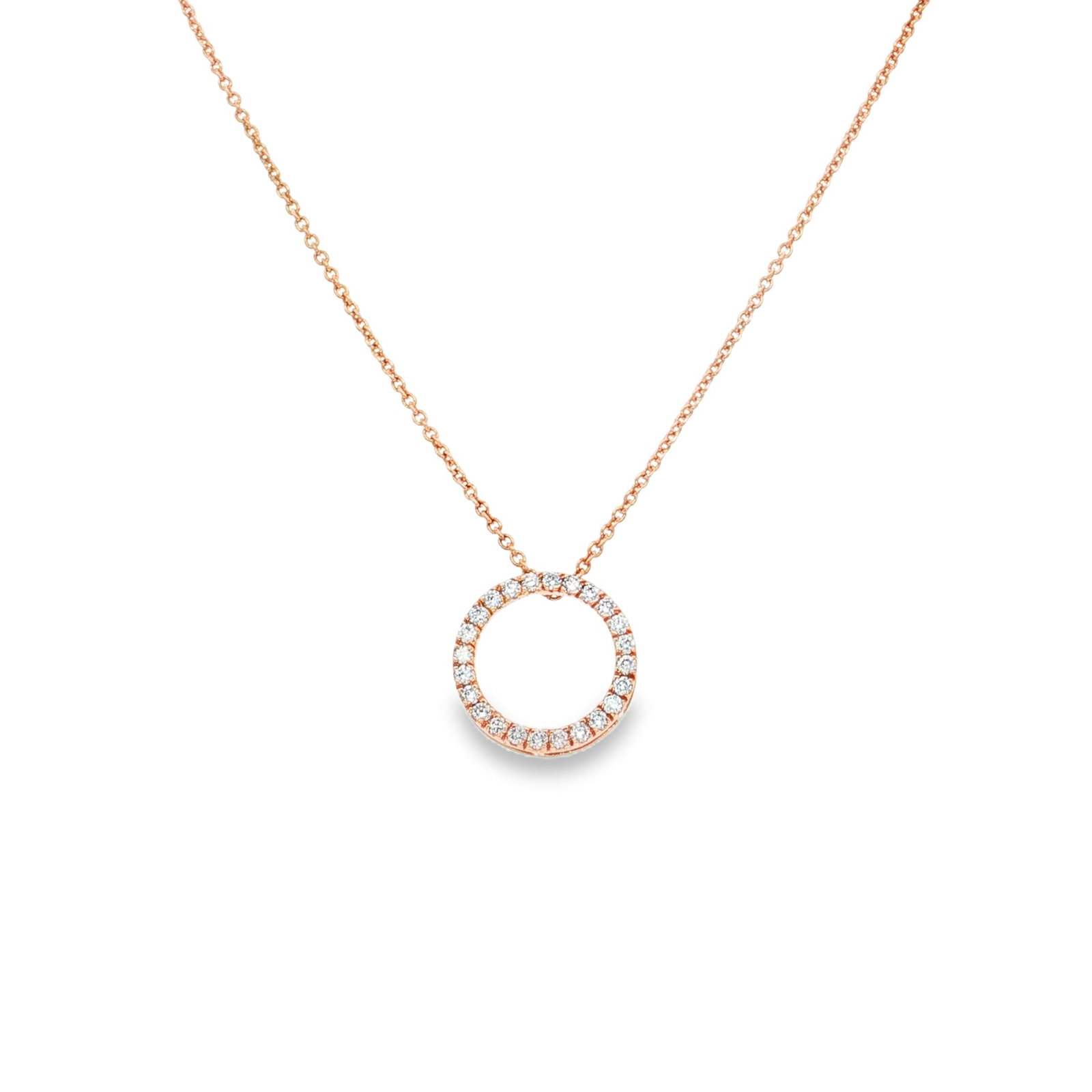 14KT ROSE GOLD DIAMOND OPEN CIRCLE NECKLACE: 14KT ROSE GOLD DIAMOND OPEN CIRCLE NECKLACE 18"14KT GOLD WT. APPROX. 2.228 GRAMDIAMOND WT. APPROX. 0.21 CARAT/ 24 PCS 18" LONG CHAIN WITH ADJUSTABLE RING ON 16" AND 17"