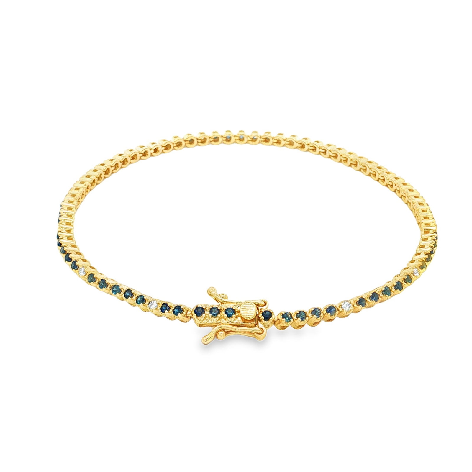 14KT GOLD BLUE SEPPHIRE AND DIAMOND TENNIS BRACELET: 14KT GOLD BLUE SEPPHIRE AND DIAMOND TENNIS BRACELET 14KT GOLD WT. APPROX. 5.686 GRAMDIAMOND WT. APPROX. 0.13 CARAT/ 12 PCS BLUE SEPPHIRE WT. APPROX. 0.99 CARAT/ 65 PCSLENGTH: 7 INCH LONG