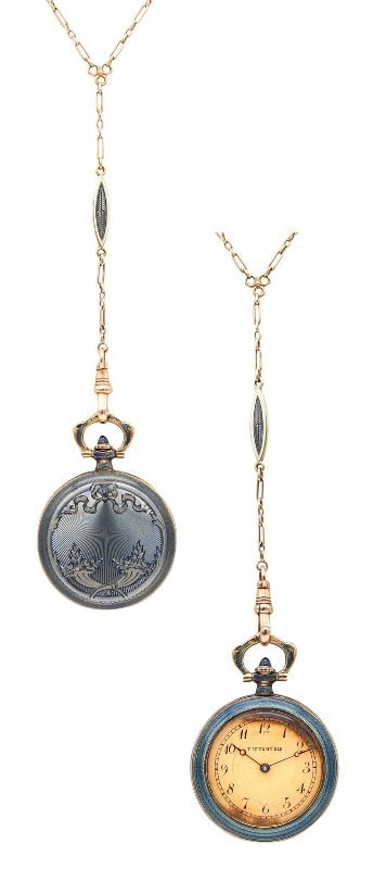 TIFFANY & CO. 1915 Edwardian Guilloche Enameled Clock Necklace In 18Kt Yellow Gold: Edwardian Enamel Pendant Watch designed by Tiffany & Co. This is a very fine necklace watch, created in America during the Edwardian period by Tiffany & Co., back in the 1915. The watch was crafted