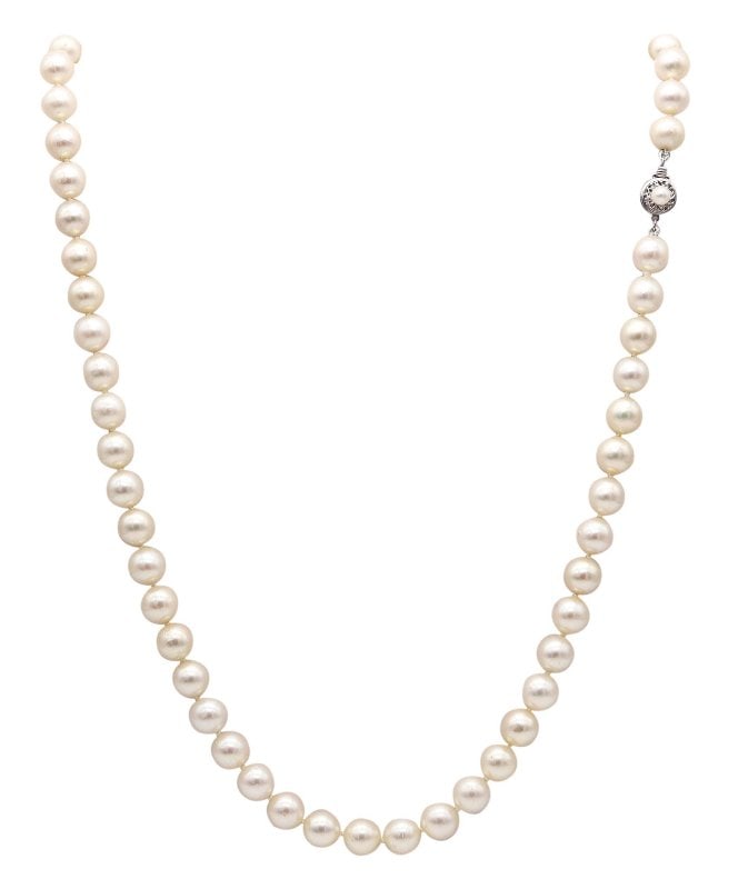 AKOYA PEARLS Long Pearls Necklace With 18Kt White Gold Spherical Lock: An Akoya pearls long necklace. This is a very well-matched pearls necklace, composed by seventy-nine Akoya round pearls of nine millimeters. The elegant strand has a length of twenty-nine inches and i