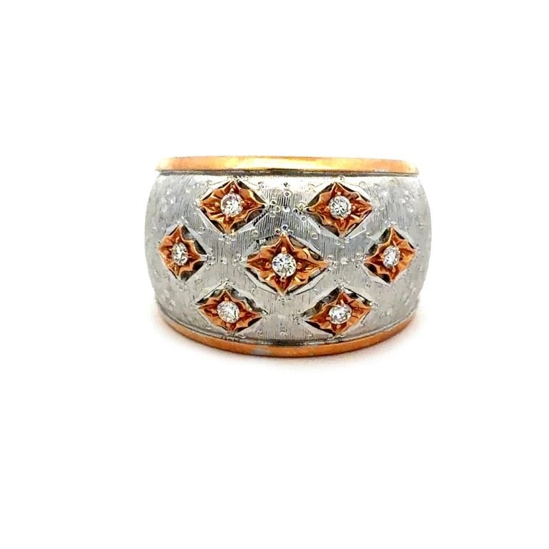 Diamond Gold Dome Ring 18k Two Tone Wide Cigar Style Band: This is a beautiful wide dome shape cigar style band, it is composed of 18k white and rose gold in a satin rigato finish. The front of the band has hand-engraving parallel microscopic fine floral desi