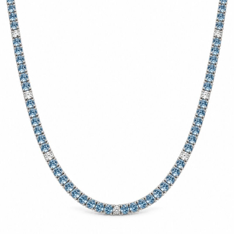 14KT WHITE GOLD AQUAMARINE AND DIAMOND BEZEL TENNIS NECKLACE: 14KT WHITE GOLD AQUAMARINE AND DIAMOND BEZEL TENNIS NECKLACE 16" 14KT GOLD WT. APPROX. 13.26 GRAM DIAMOND WT. APPROX. 1.18 CARAT / 19 PCS AQUAMARINE WT. APPROX. 7.62 CARAT / 128 PCS.