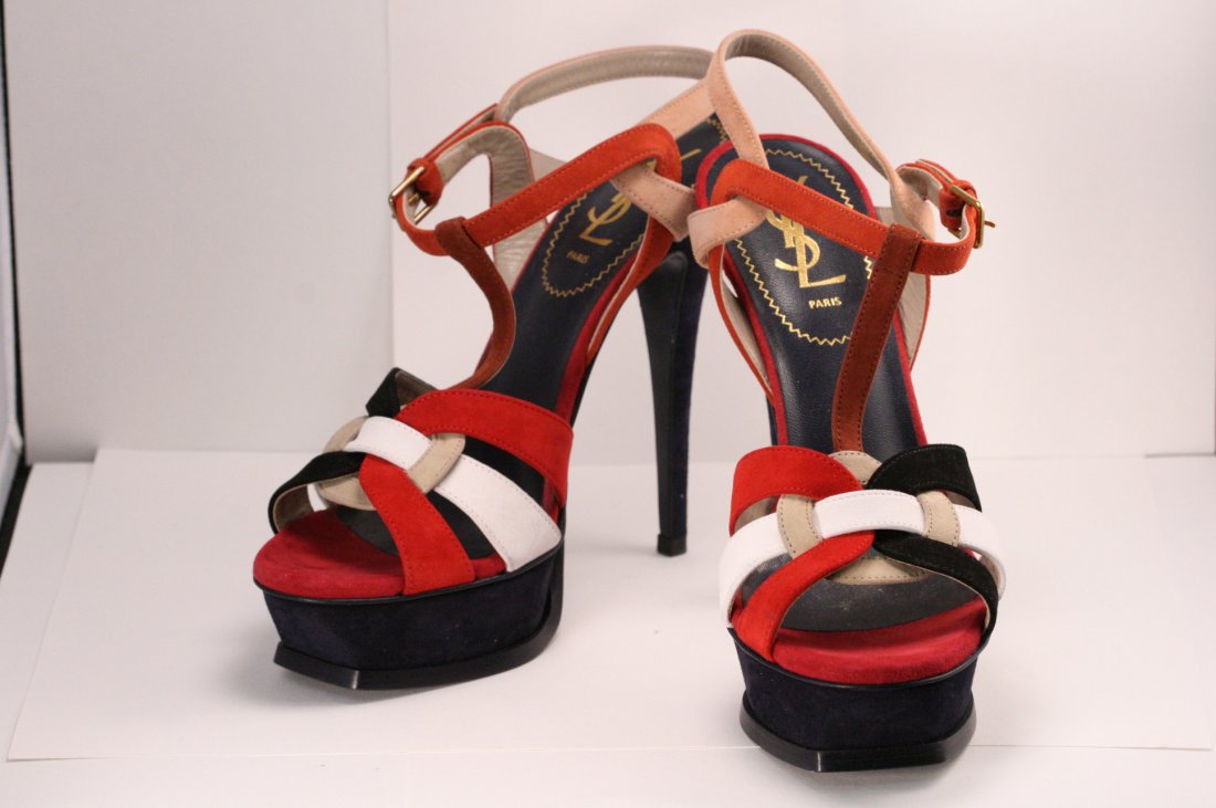 YVES SAINT LAURENT HEELS. MULTI COLORED SUEDE TRIBUTE: YVES SAINT LAURENT HEELS. MULTI COLORED SUEDE TRIBUTE 105. EUROPEAN SIZE 38 (US 7.5)