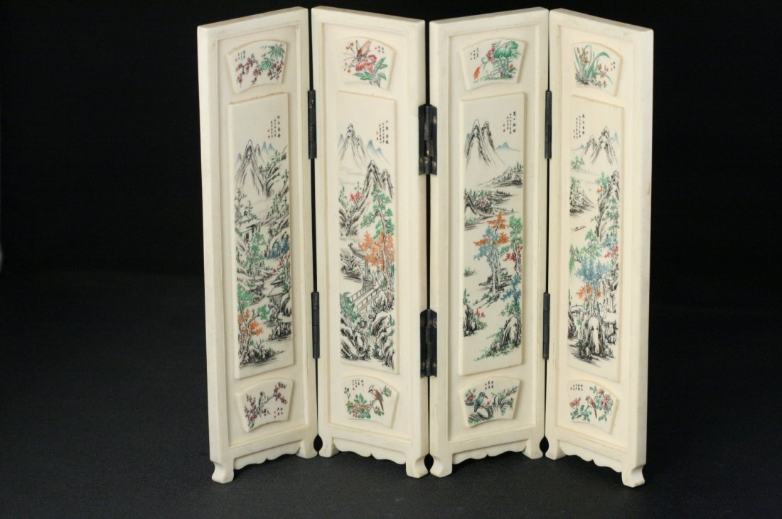 VINTAGE SOLID IVORY 4 PANEL SCREEN SCRIMSHAW WORK OF: VINTAGE SOLID IVORY 4 PANEL SCREEN SCRIMSHAW WORK OF CHINESE VILLAGE SCENE MEASURES 7.5 X 8"
