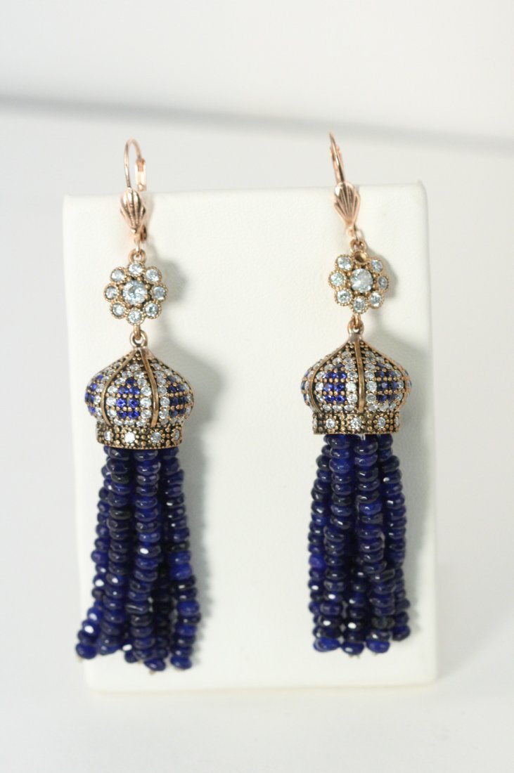 NATURAL SAPPHIRE DROP EARRINGS WITH MULTI COLORED CZ: NATURAL BLUE SAPPHIRE DROP EARRINGS WITH MULTI COLORED CZ COVERED CROWNS