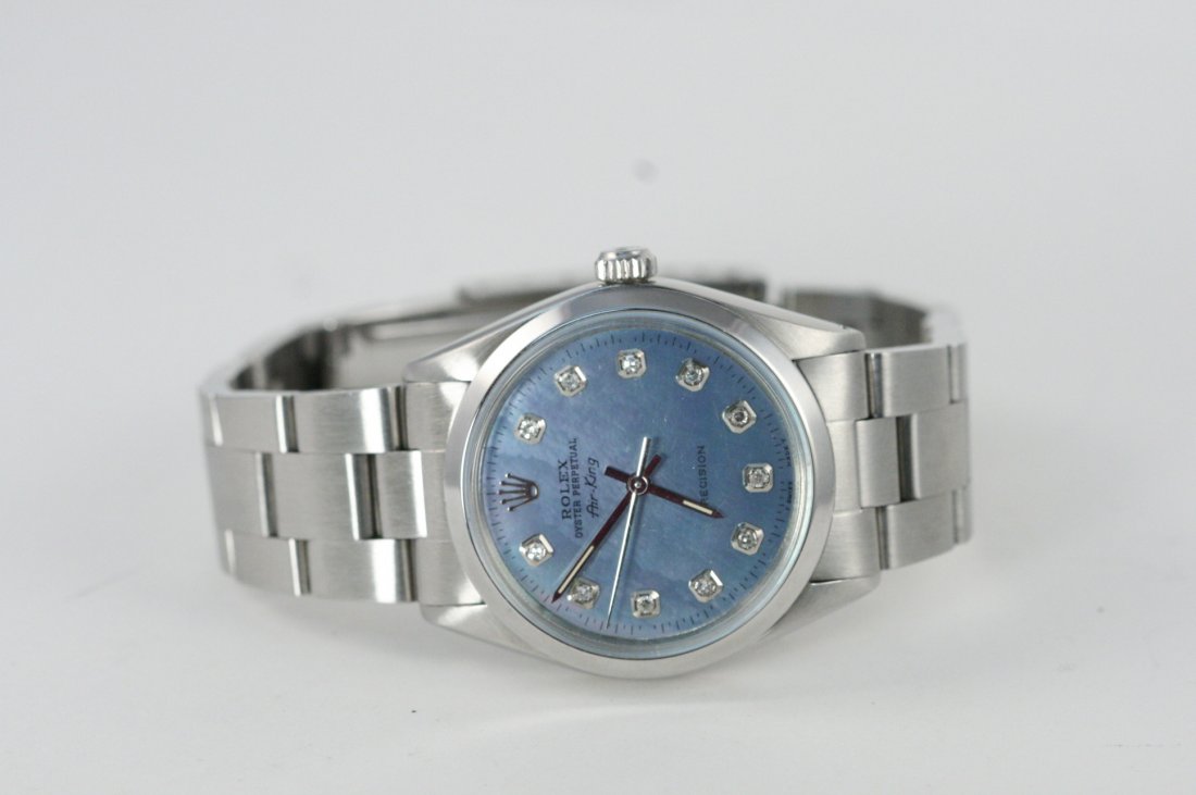STUNNING ROLEX MENS AIR-KING MOTHER OF PEARL WATCH: ROLEX MENS AIR-KING WITH CUSTOM AFTERMARKET MOTHER OF PEARL BLUE DIAMOND DIAL