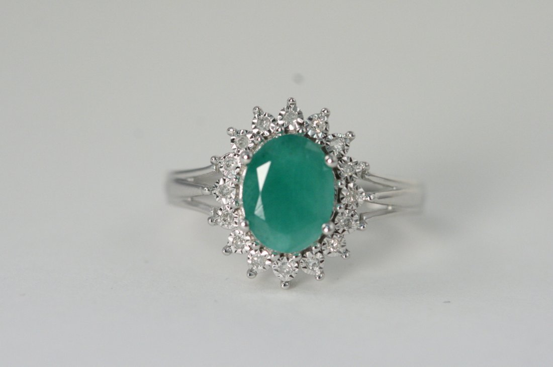 EMERALD AND DIAMOND 14K W/G RING: 14K W/G RING WITH EMERALDS AND DIAMONDS