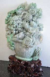 LARGE JADEITE FLOWER BASKET: STUNNING JADIETE FLOWER BASKET APPROX 22" H X 13" L VERY DETAILED!