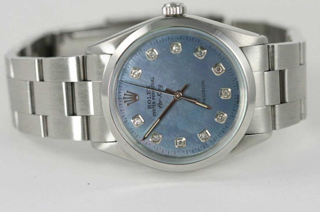 STUNNING ROLEX MENS AIR-KING MOTHER OF PEARL WATCH: ROLEX MENS AIR-KING WITH CUSTOM AFTERMARKET MOTHER OF PEARL BLUE DIAMOND DIAL