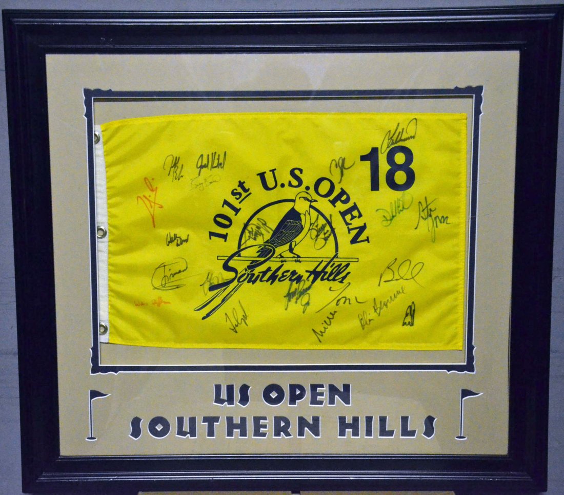 101st US OPEN SIGNED AND FRAMED FLAG: 101st US OPEN SIGNED AND FRAMED FLAG 28X31"