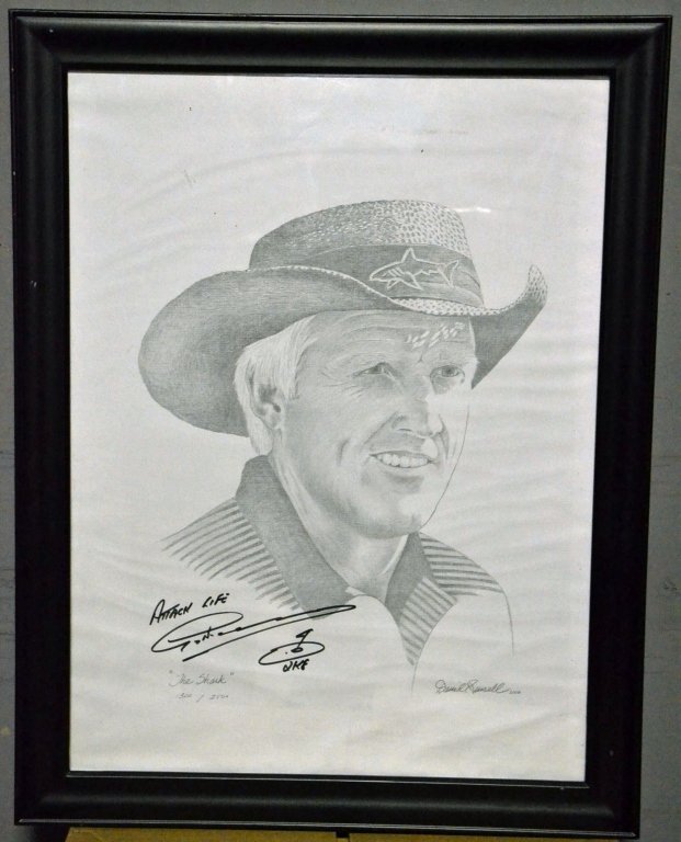 SIGNED GREG NORMAN SKETCH OF GREG NORMAN: "ATTACK LIFE" SKETCH OF GREG NORMAN "THE SHARK SIGNED BY GREG NORMAN AUSTRALIAN PRO GOLFER AND SIGNED BY ARTIST.