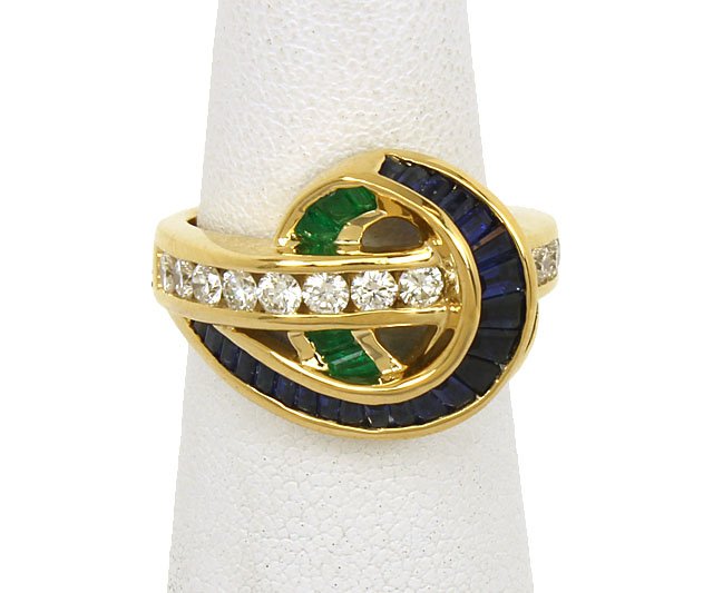 DESIGNER CHARLES KRYPELL 18K GOLD, DIAMONDS, EMERALDS &: This is a designer Charles Krypell 18k gold, diamonds, emeralds and sapphires ladies ring. The ring is well crafted in solid 18k yellow gold with a smooth polished finish adorned with round cut loupe