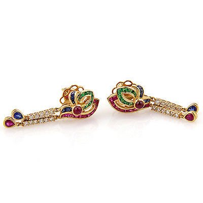 Estate18K YG Multi Colored Gemstone & Diamond Dangle: These fabulous earrings are finely crafted from solid 18k yellow gold. They feature tsavorite garnet, rubies, and blue sapphires, along with sparkling diamonds which dangle elegantly from the ear. DET